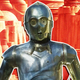 A creepy image of Nobot staring at you with a bright red background.